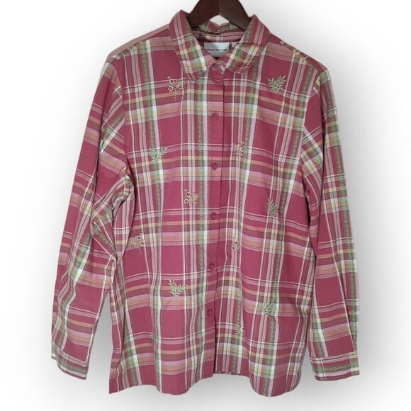 Alfred Dunner Pink Plaid Floral Embroidered Beaded Button Down Long Sleeve 16 - Picture 2 of 9
